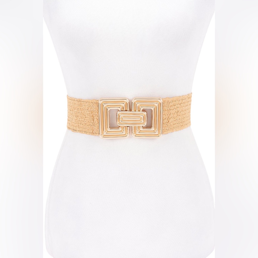 Gold Buckle Woven Elastic Waist Statement Belt